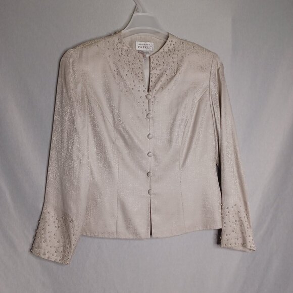 Adrianna Papell Skirt Suit Silk 2pc Womens 10 Beige/Silver Faux Pearl Beaded - Picture 8 of 16